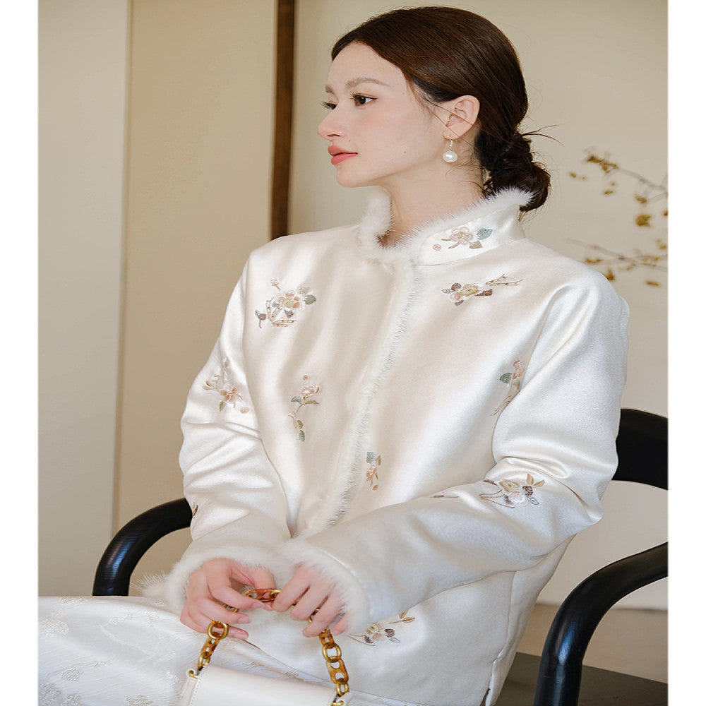 Mountain colored new Chinese style coat for autumn and winter original Chinese style women s clothing apricot embroidered thick mink fur cotton jacket image 0