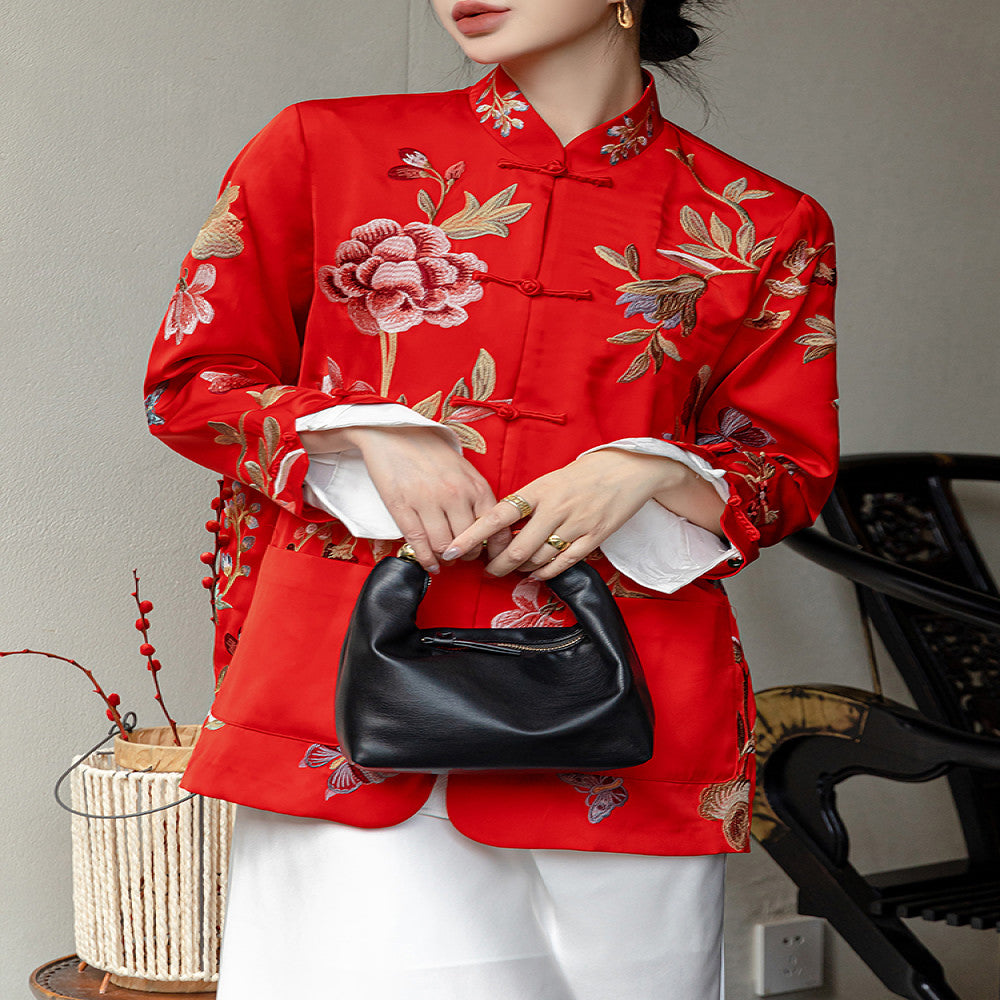 Red high end new Chinese style buckle acetate jacket women s long sleeved spring and autumn clothing with heavy embroidery and improved Chinese style top image 2