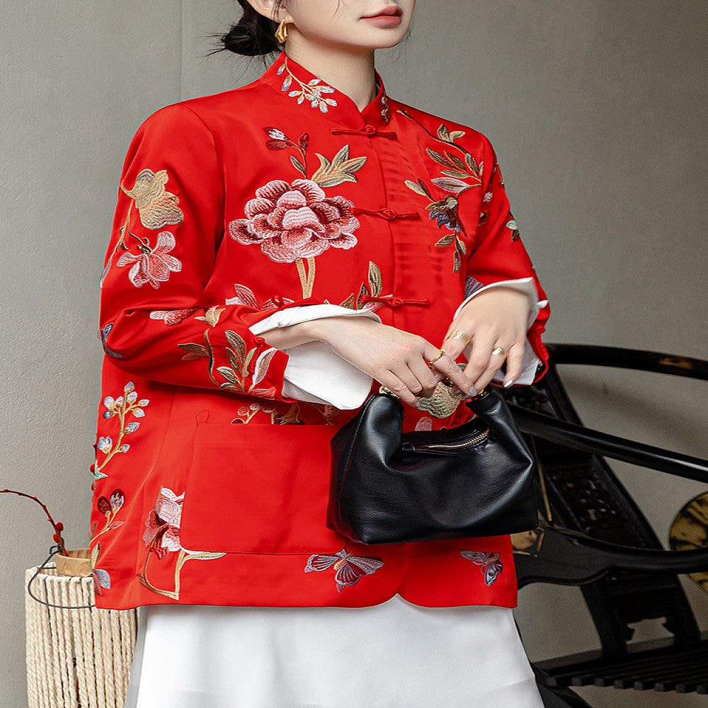 Red high end new Chinese style buckle acetate jacket women s long sleeved spring and autumn clothing with heavy embroidery and improved Chinese style top image 3