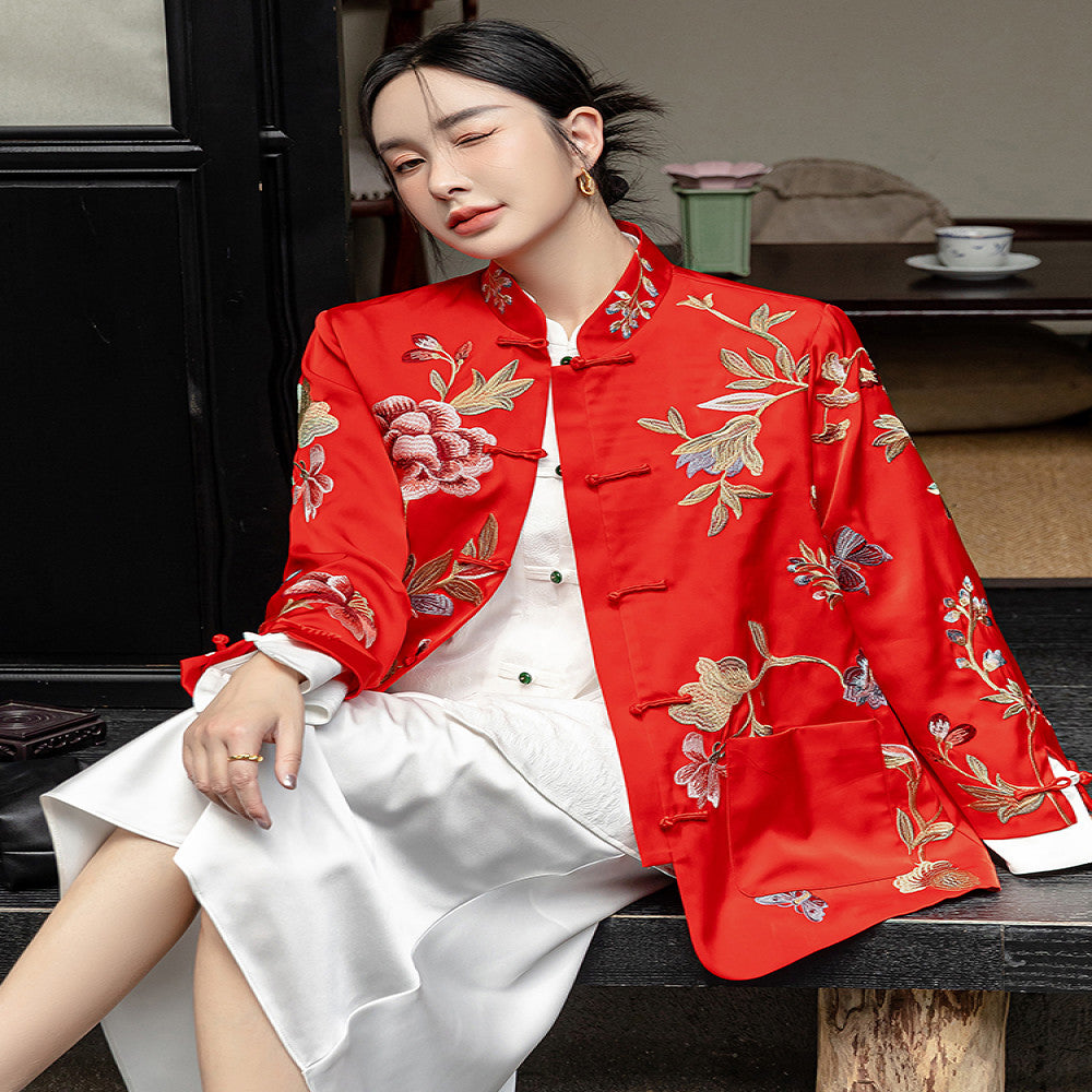 Red high end new Chinese style buckle acetate jacket women s long sleeved spring and autumn clothing with heavy embroidery and improved Chinese style top image 4