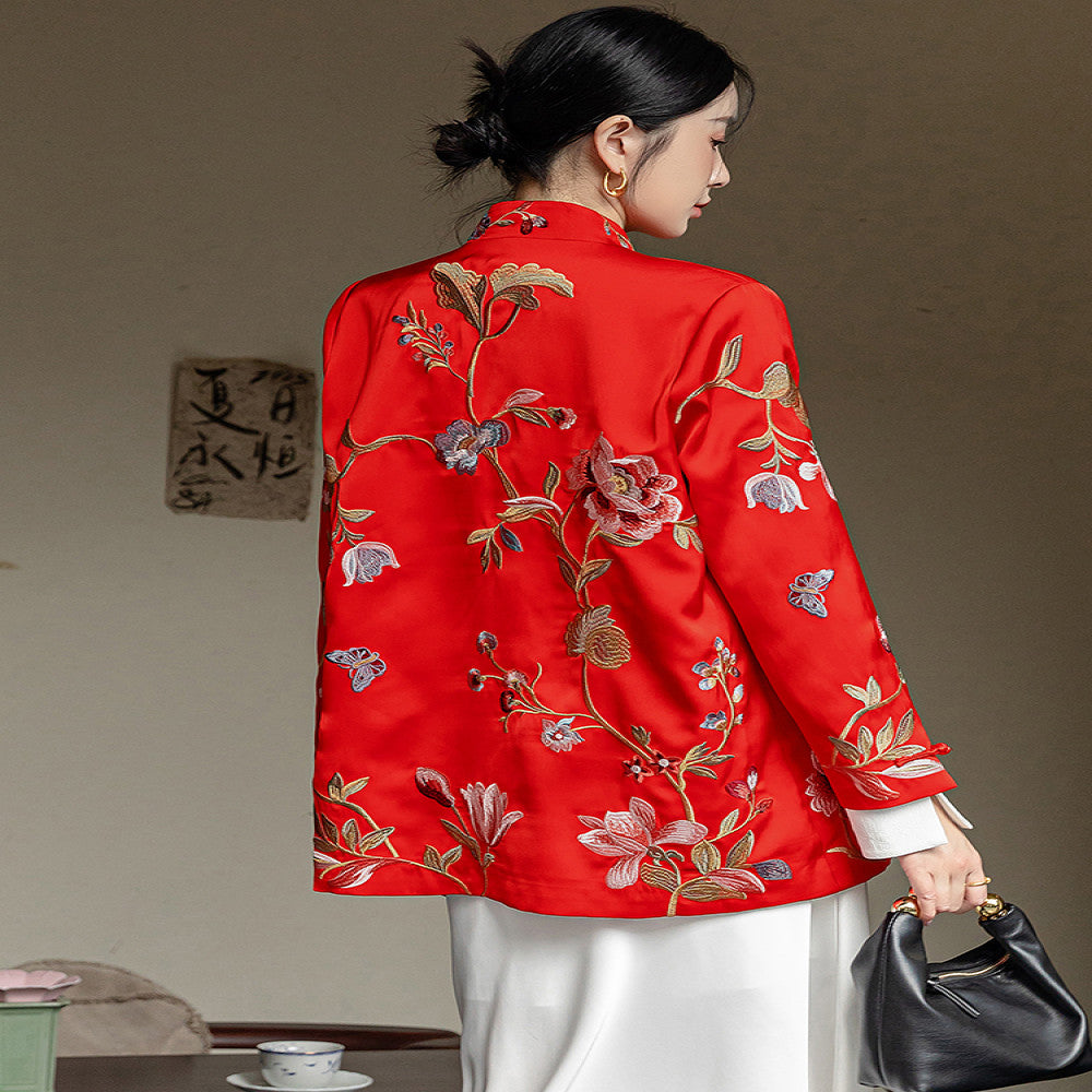 Red high end new Chinese style buckle acetate jacket women s long sleeved spring and autumn clothing with heavy embroidery and improved Chinese style top image 5