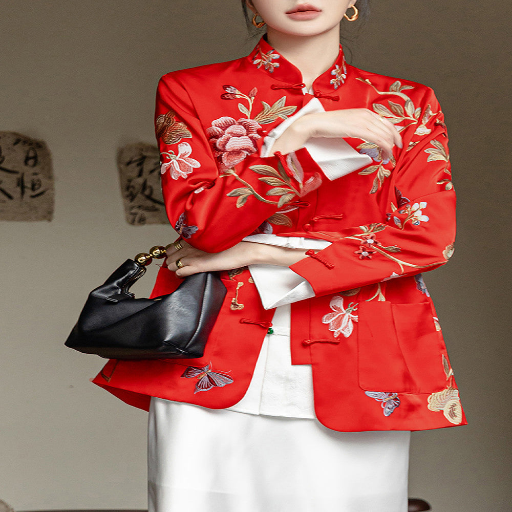 Red high end new Chinese style buckle acetate jacket women s long sleeved spring and autumn clothing with heavy embroidery and improved Chinese style top image 0