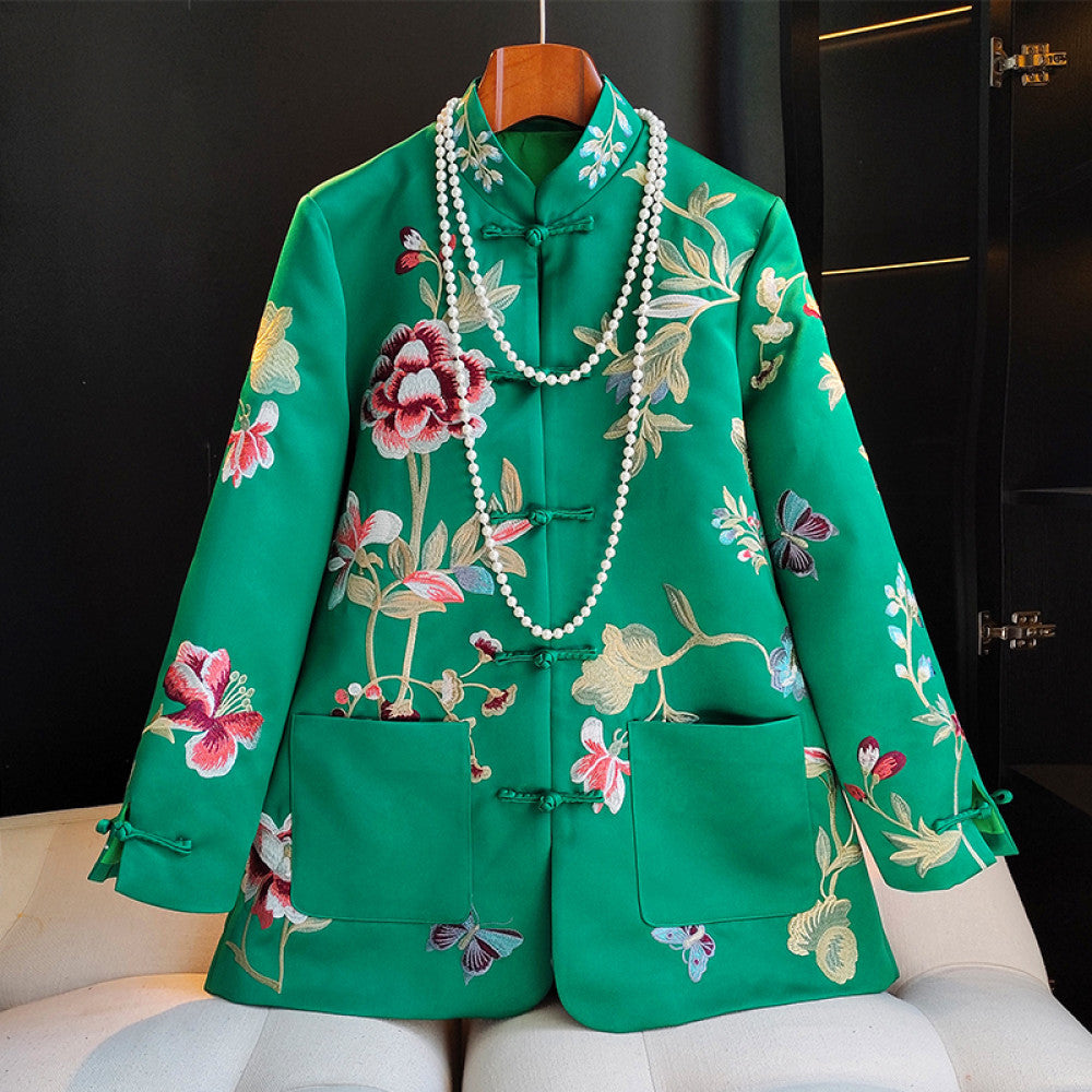 Red high end new Chinese style buckle acetate jacket women s long sleeved spring and autumn clothing with heavy embroidery and improved Chinese style top image 11