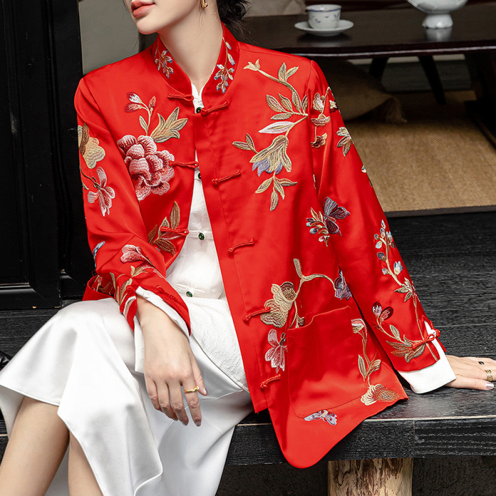 Red high end new Chinese style buckle acetate jacket women s long sleeved spring and autumn clothing with heavy embroidery and improved Chinese style top image 24