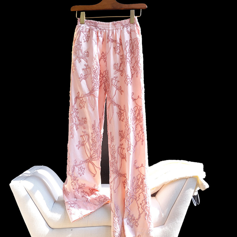 Pink high end retro embroidered loose wide leg pants for women in autumn and winter versatile elastic high waisted straight leg casual pants trendy image 6