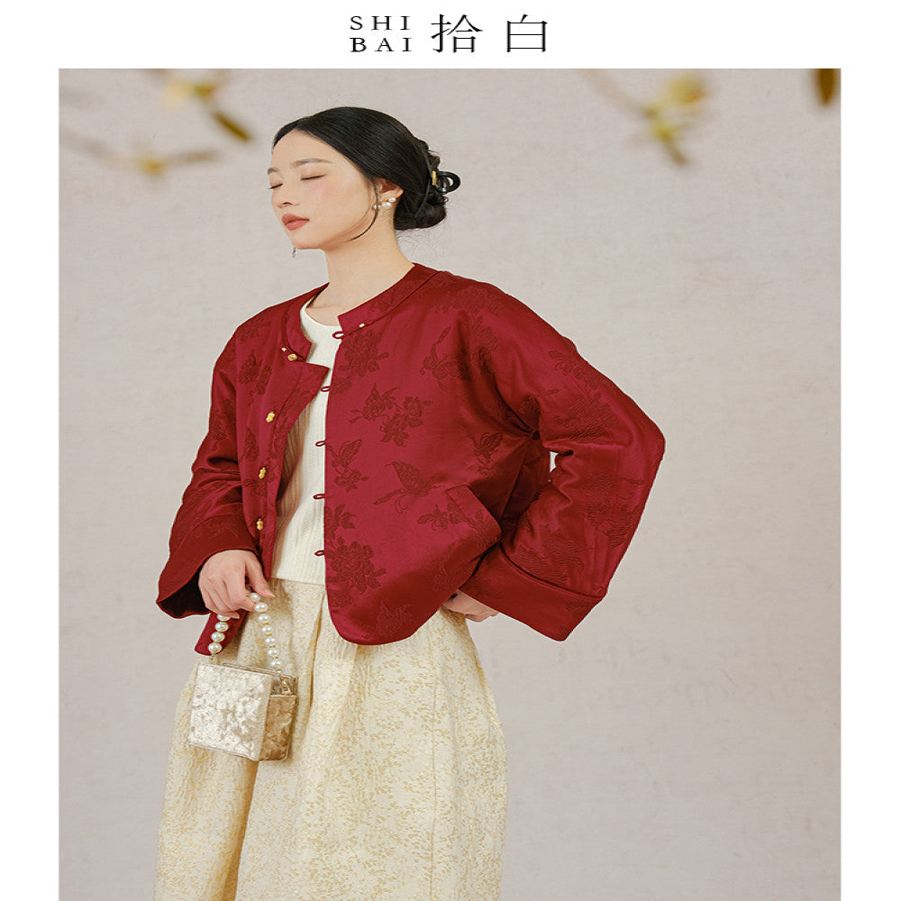 SHIBAI White Butterfly Love Flower New Chinese Coat Winter High end Mulberry Silk Silk Crown Wrinkle Red Cotton Jacket image 2