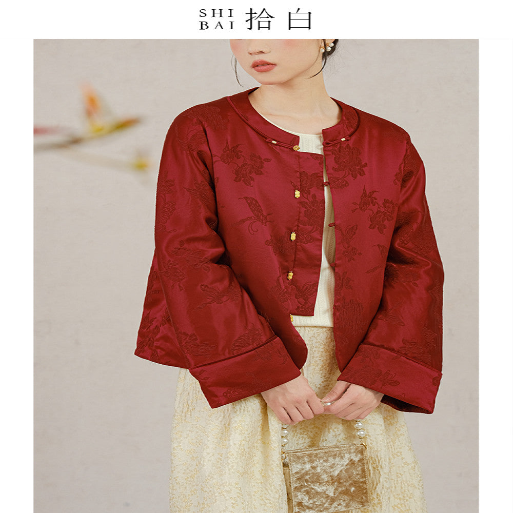 SHIBAI White Butterfly Love Flower New Chinese Coat Winter High end Mulberry Silk Silk Crown Wrinkle Red Cotton Jacket image 4