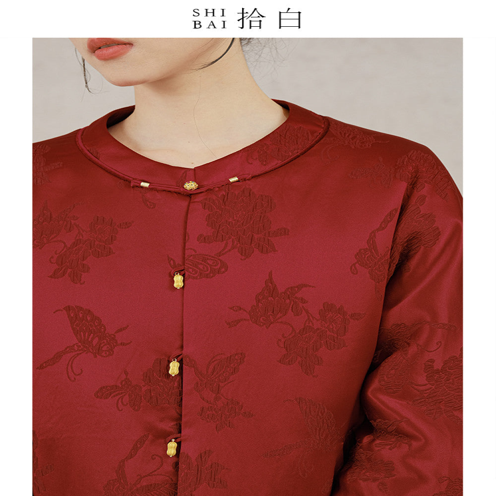 SHIBAI White Butterfly Love Flower New Chinese Coat Winter High end Mulberry Silk Silk Crown Wrinkle Red Cotton Jacket image 5