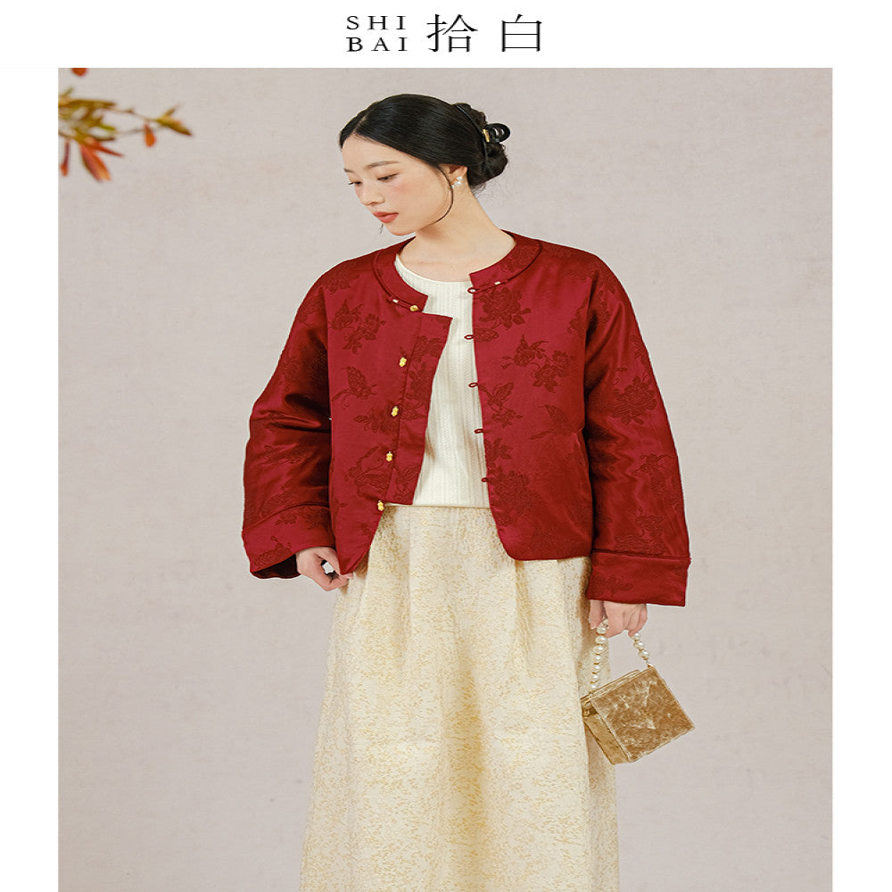 SHIBAI White Butterfly Love Flower New Chinese Coat Winter High end Mulberry Silk Silk Crown Wrinkle Red Cotton Jacket image 0