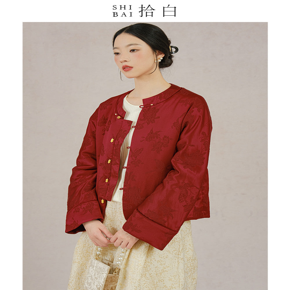 SHIBAI White Butterfly Love Flower New Chinese Coat Winter High end Mulberry Silk Silk Crown Wrinkle Red Cotton Jacket image 7