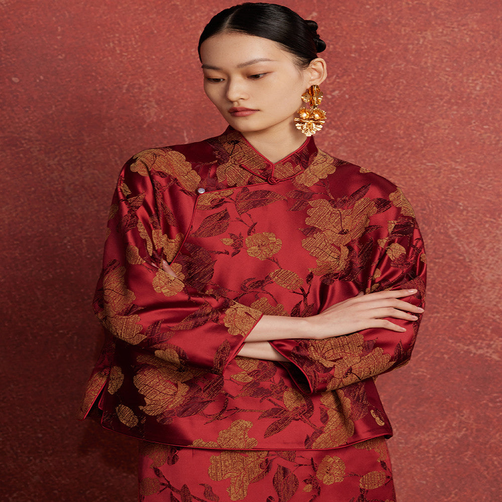 Ruyi Lianyun Spring and Autumn New Slant Collar Jacquard Short Coat Women s National Style Retro New Chinese Style Pan Button Top image 1