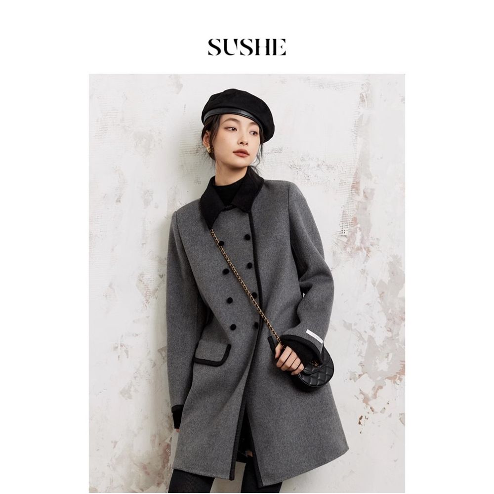 Shuxi SUSHE Sheep Wool Art Gold Fan Contrasting Color Double breasted Grey Double sided Woolen Coat for Women Autumn image 2