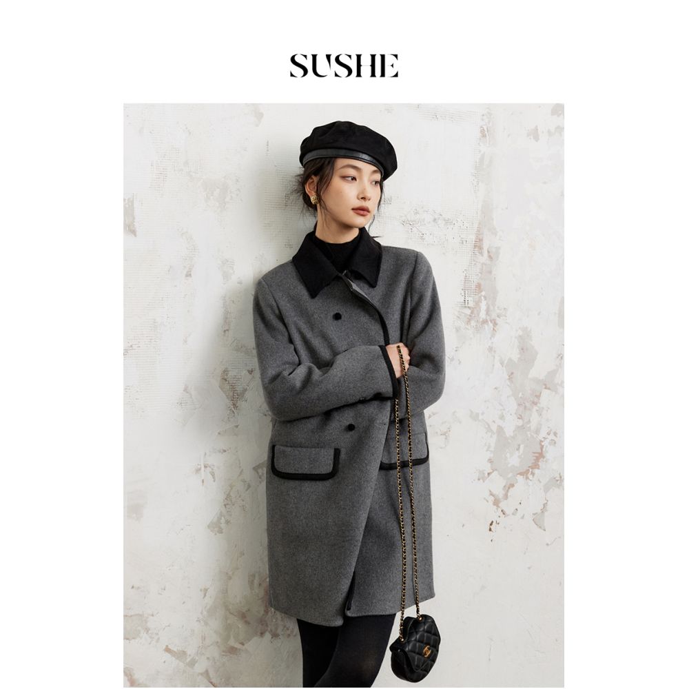 Shuxi SUSHE Sheep Wool Art Gold Fan Contrasting Color Double breasted Grey Double sided Woolen Coat for Women Autumn image 3