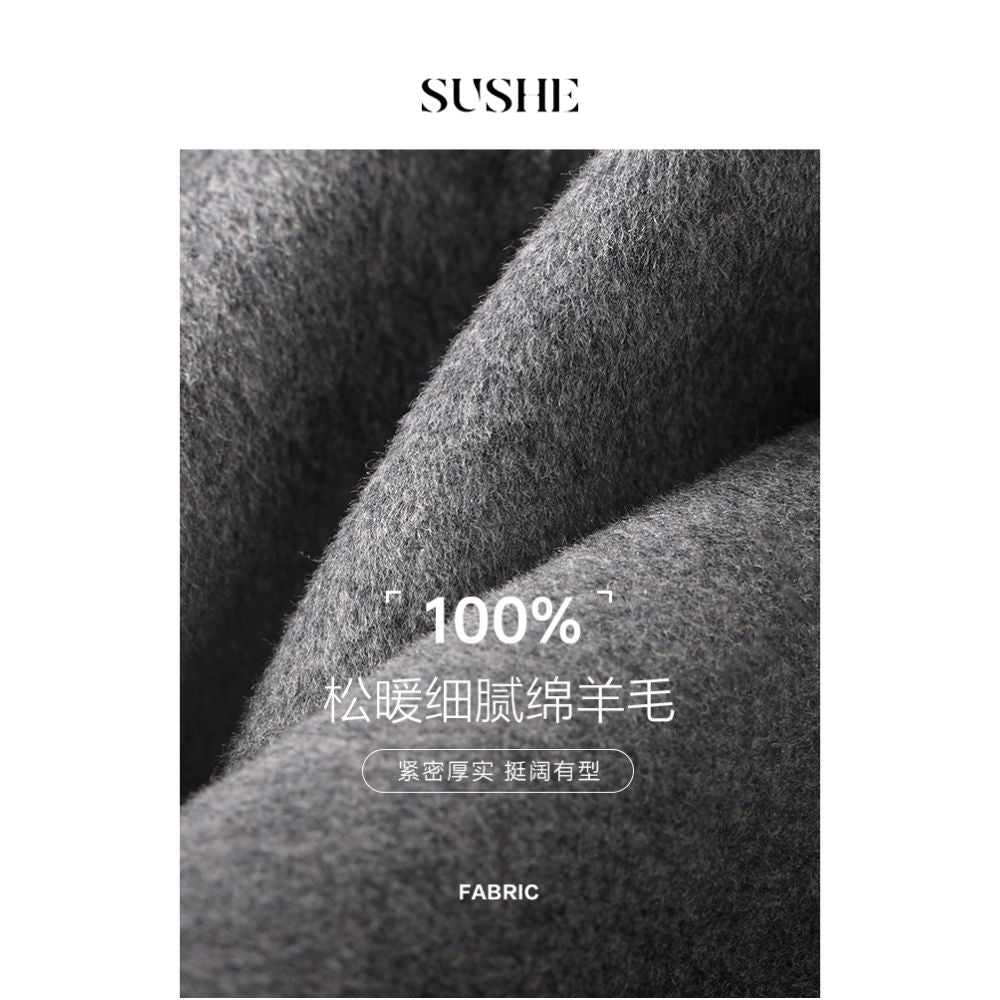 Shuxi SUSHE Sheep Wool Art Gold Fan Contrasting Color Double breasted Grey Double sided Woolen Coat for Women Autumn image 5