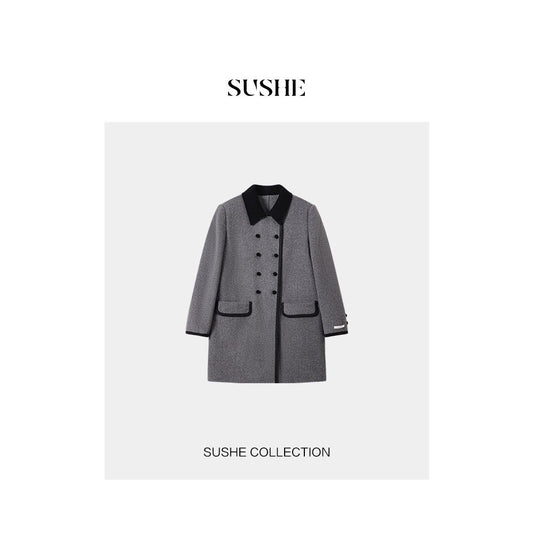 ASAYA2593 Sheep wool literary style contrasting double-breasted gray double-sided straight coat