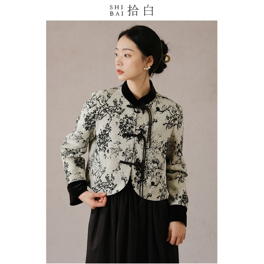 SHIBAI White New Chinese Style Coat Autumn Winter New Black Plum Blossom High end Temperament Jacquard Buckle Top image 16
