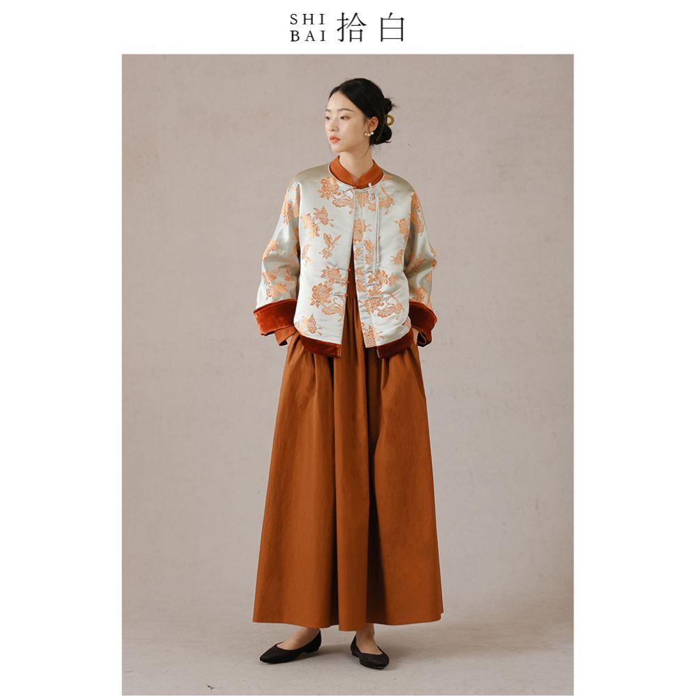 SHIBAI Picking up White Butterfly Playing Peony Original New Chinese style Pan Button Cotton Coat Velvet Jacquard Thick Cotton Coat for Women image 2