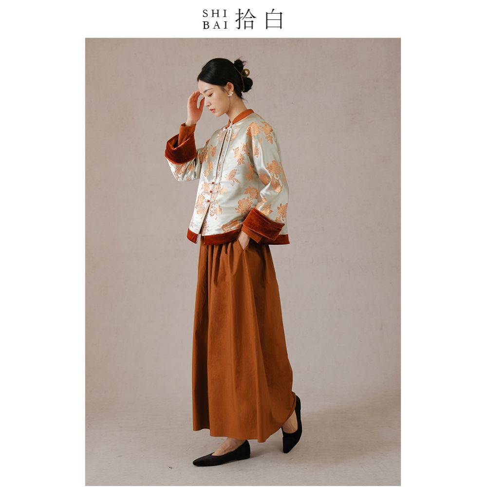 SHIBAI Picking up White Butterfly Playing Peony Original New Chinese style Pan Button Cotton Coat Velvet Jacquard Thick Cotton Coat for Women image 3