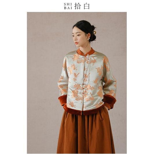 ASAYA2570 White butterflies and plays peony original new Chinese style plate button cotton coat