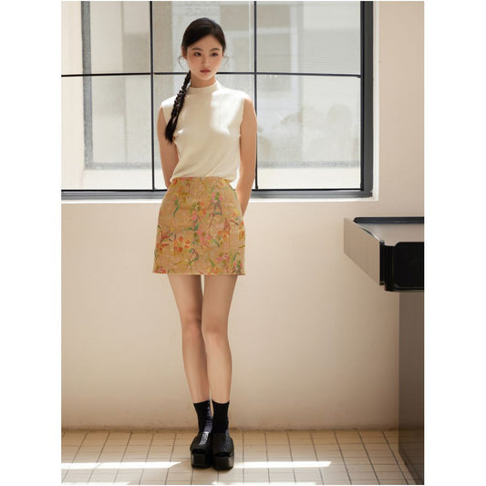 ASAYA2529 New Chinese style flower and bird painting jacquard fabric skirt
