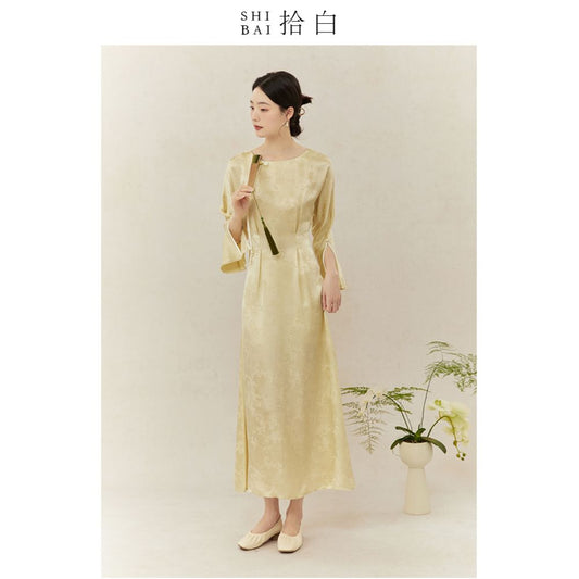 ASAYA2522 Xia Guofeng original design bud yellow round neck dress