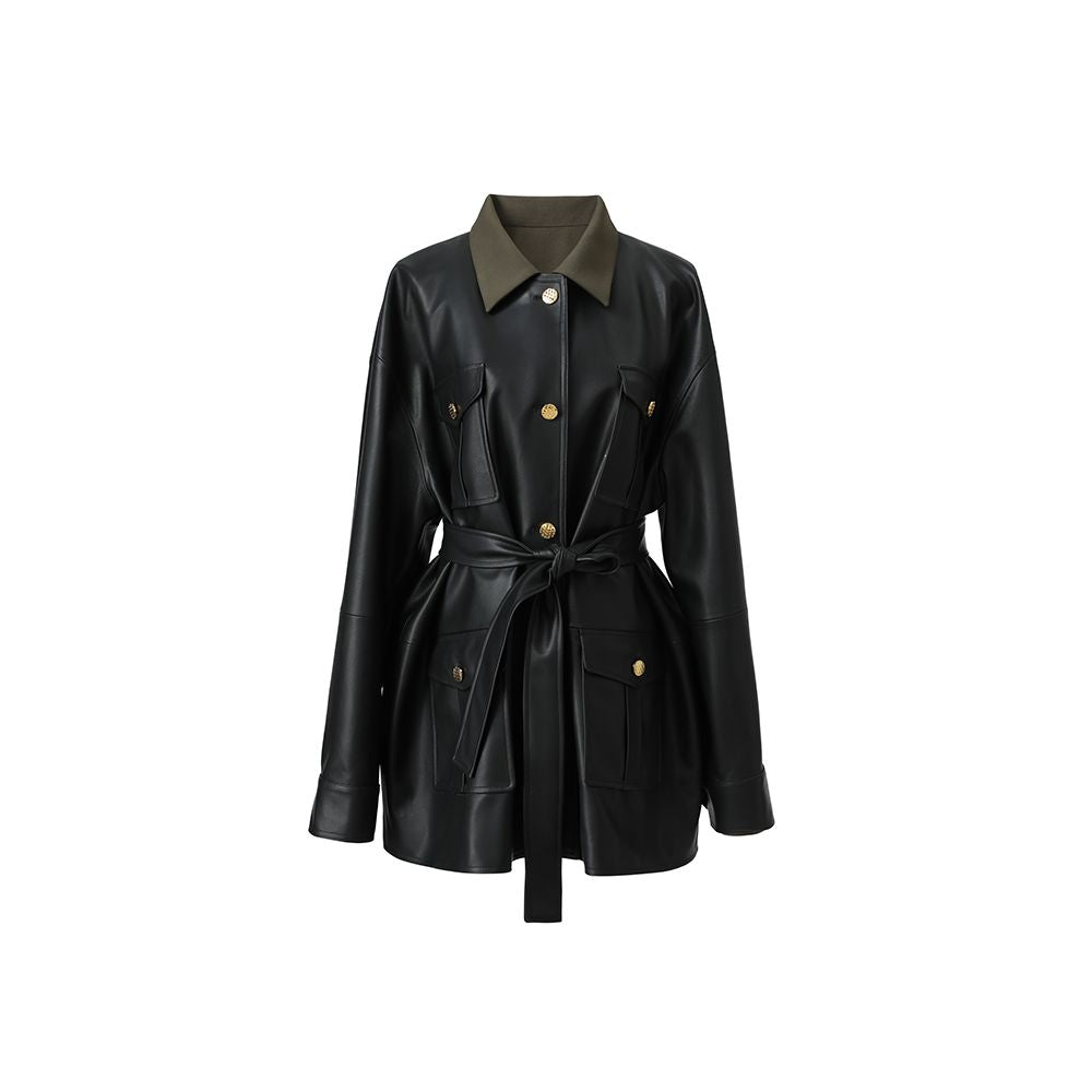 SUK will last forever Autumn black leather jacket half skirt two piece set design inspired leather jacket set for women image 11