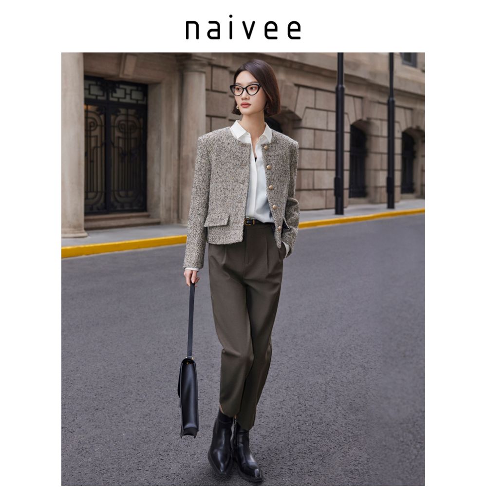 Naivee Naivee Winter Cotton Wool Commuting Elegant Wide Shoulders Small Fragrant Wind No Collar Box Type Woolen Short Coat for Women image 2