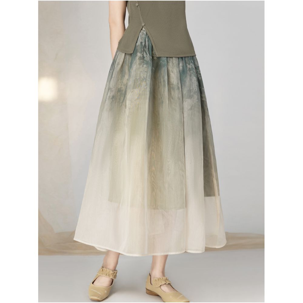 Yyan New Chinese Ink Gradient Half Skirt 2024 New Summer High Waist Green Hundred Fold Half Skirt for Women image 14