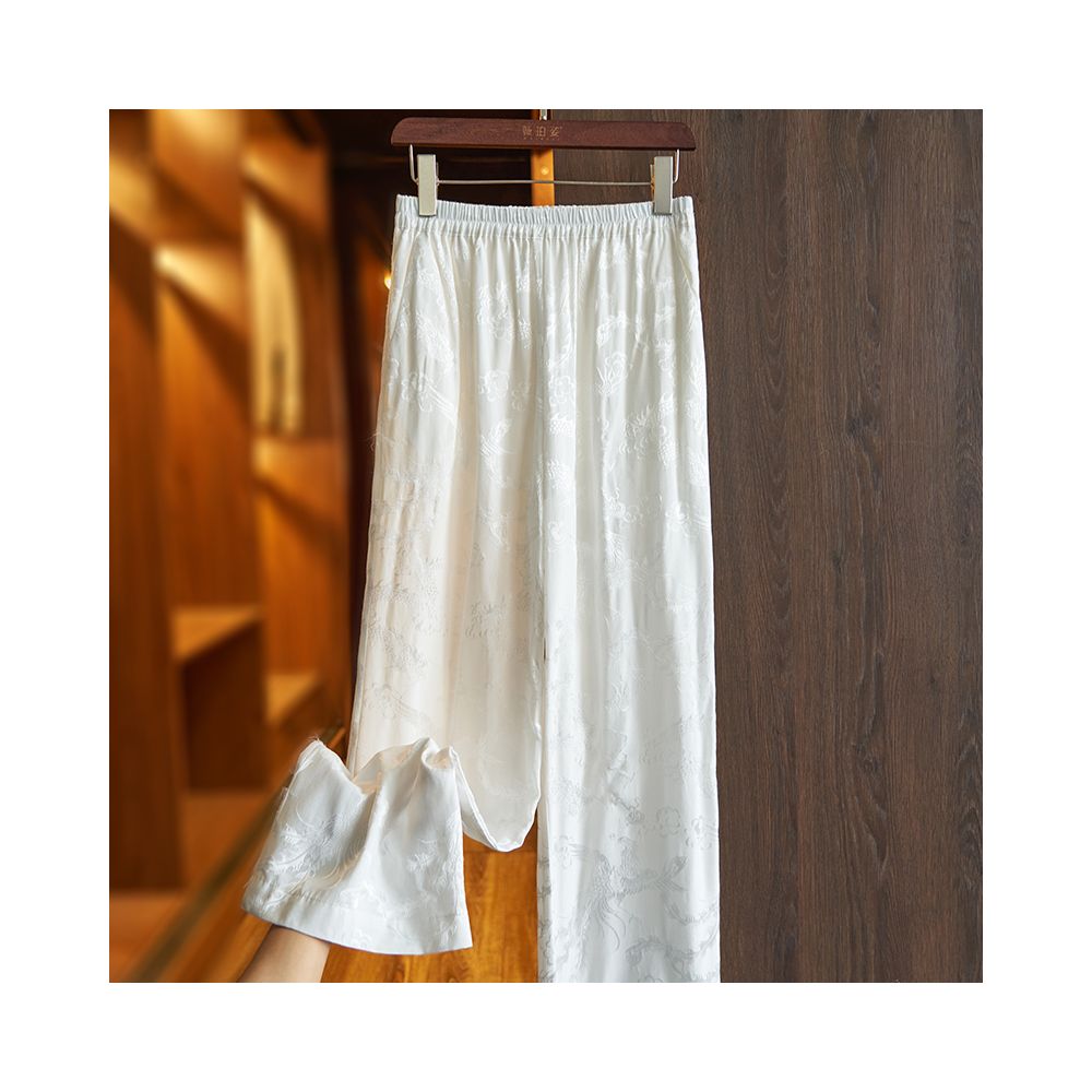 White loose silk casual pants for summer 2025 retro jacquard high waist hanging sensation mulberry silk wide leg pants for women image 12