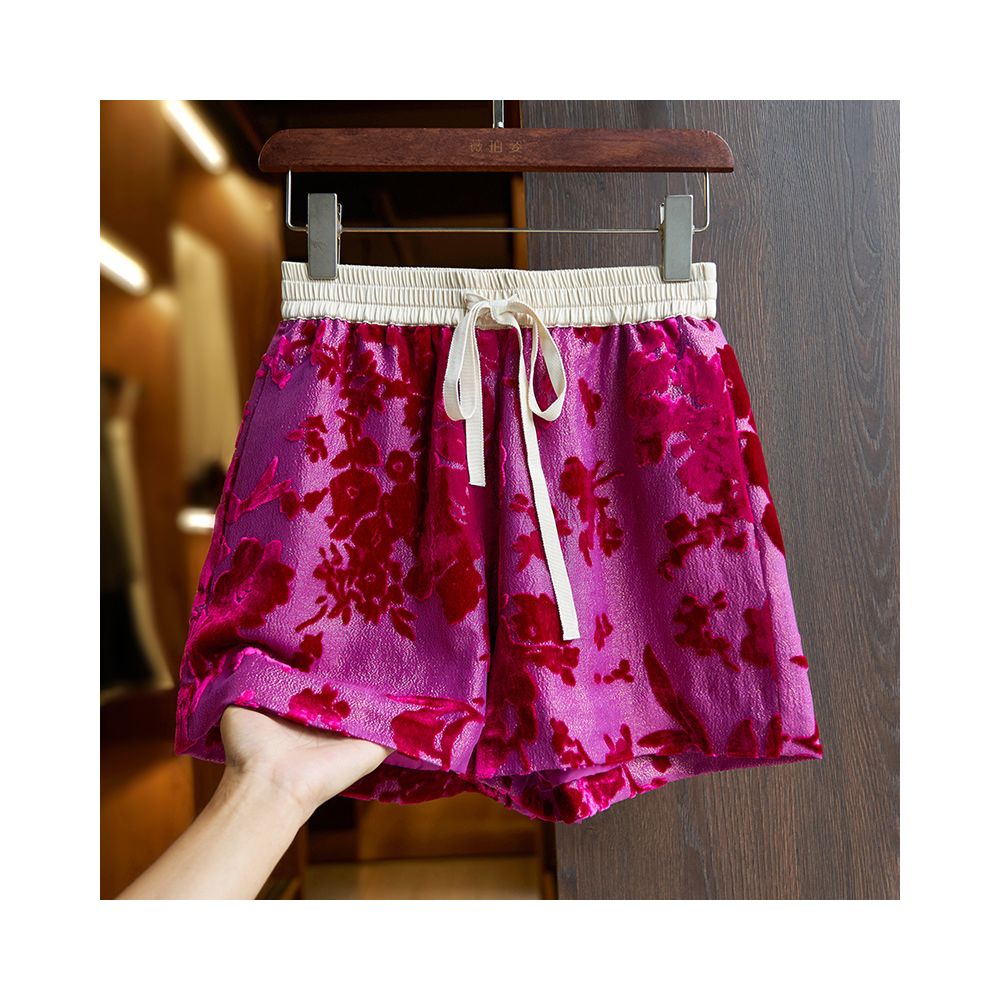 Yellow silk shorts set for women 2024 summer new high end burnt mulberry silk high waist A line wide leg pants thin image 52