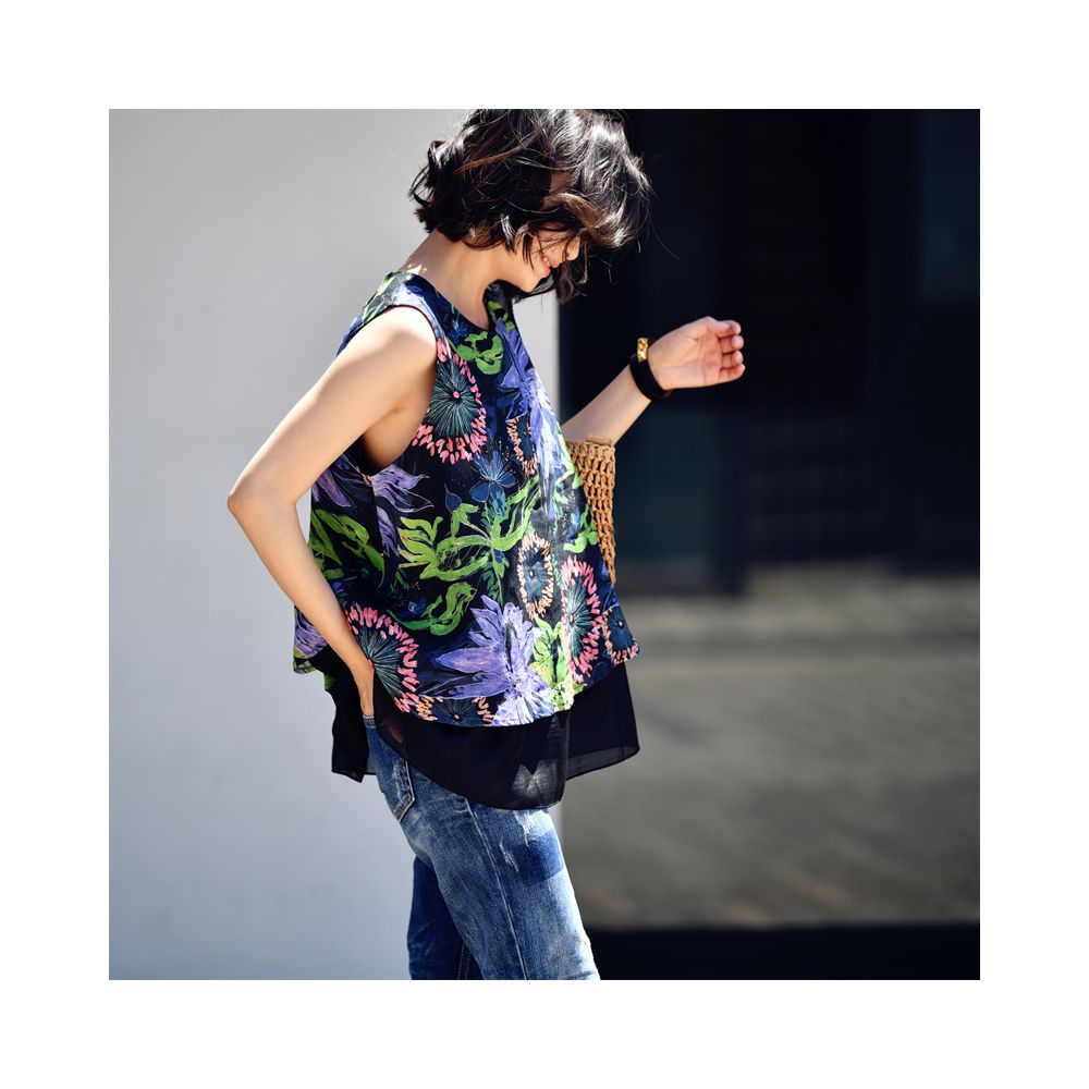 Free shipping B0119 artistic leisure simple ramie print small round neck short double layered vest A line sleeveless small shirt for women image 1