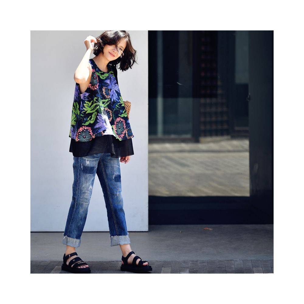 Free shipping B0119 artistic leisure simple ramie print small round neck short double layered vest A line sleeveless small shirt for women image 2