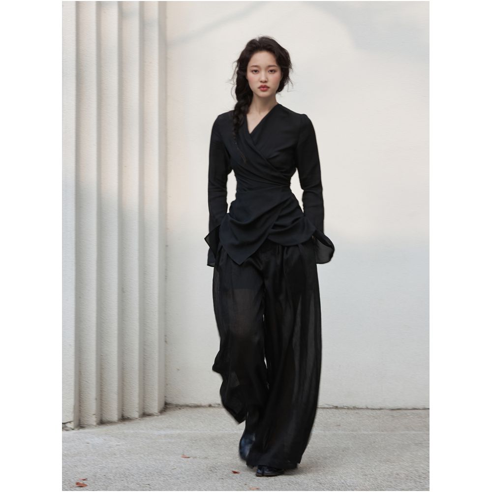 Glossy high waisted hanging thin Lyocell linen wide leg pants for women with Zen style loose and slimming pants design sense image 6