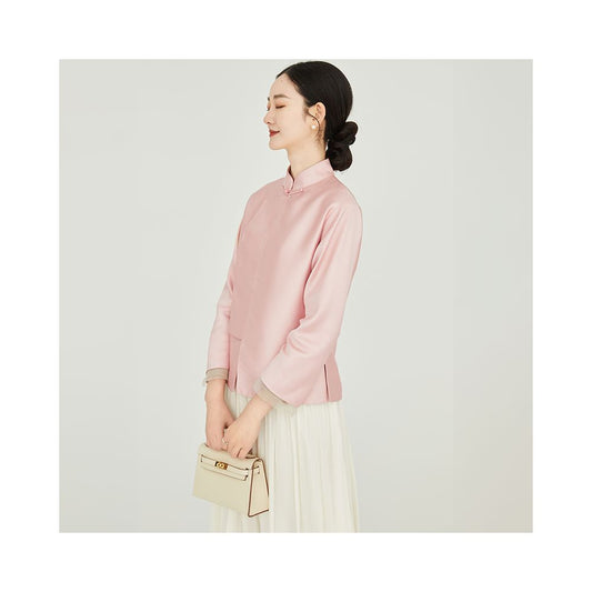ASAYA1830 "Fuyuntang Ya" neon. Chinese stand up collar buckle pink short coat women's 23 spring national style improved Tang dress