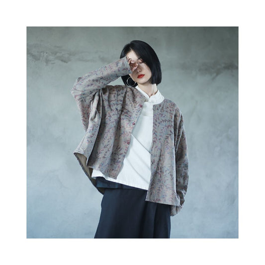 ASAYA1797Spring art cotton and linen print short coat, round neck, long sleeves, loose cardigan, vintage large pockets, contrast top