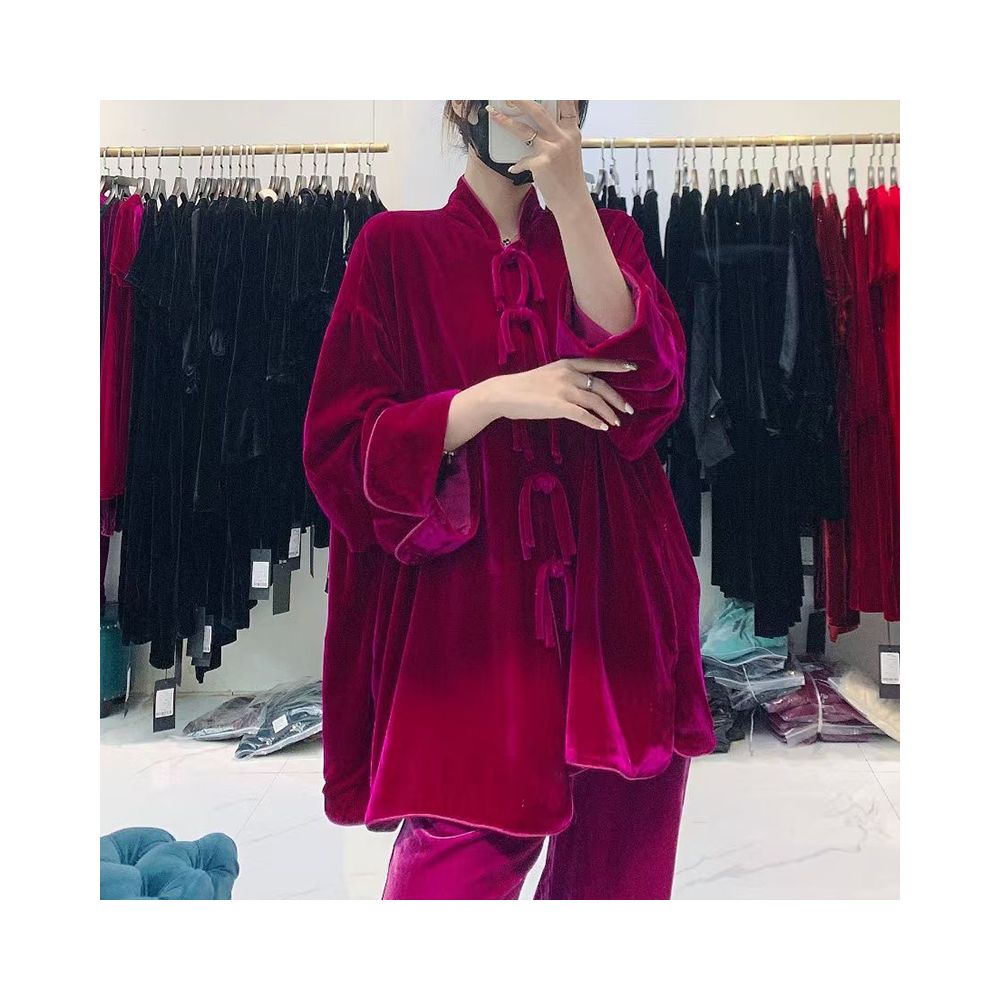 Good reputation CSZ012 fashionable new Chinese style silk velvet loose retro double breasted jacket top spring and autumn women image 115