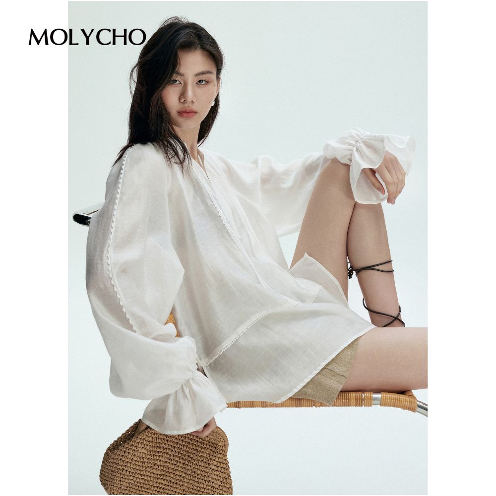 MOLYCHO Bohemian Style Thin White Shirt for Women s Summer Loose Sunscreen Cover Micro Transparent Top image 15