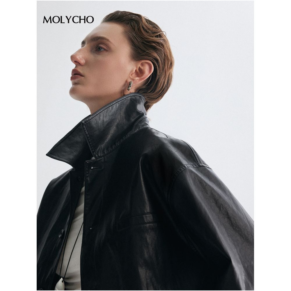MOLYCHO Cool and Sassy Style Retro Collar Motorcycle Leather Jacket for Women Short PU Leather Jacket image 2