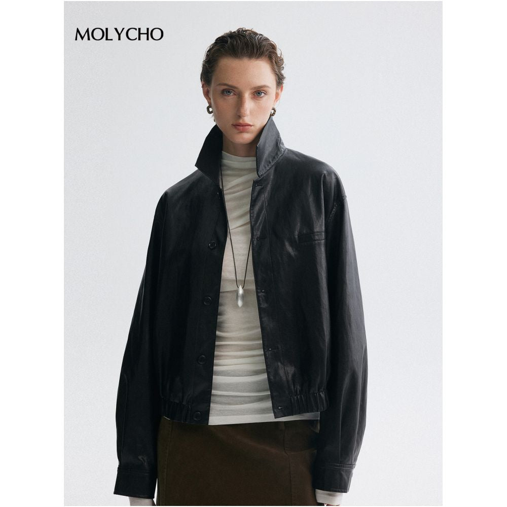 MOLYCHO Cool and Sassy Style Retro Collar Motorcycle Leather Jacket for Women Short PU Leather Jacket image 3