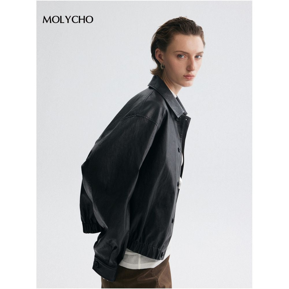 MOLYCHO Cool and Sassy Style Retro Collar Motorcycle Leather Jacket for Women Short PU Leather Jacket image 0