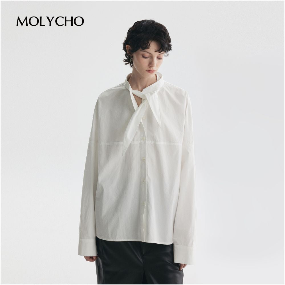 MOLYCHO Lightweight and Transparent Fashionable French White Shirt with Women s Collar Knot and Ribbon Shaped Texture Top image 14