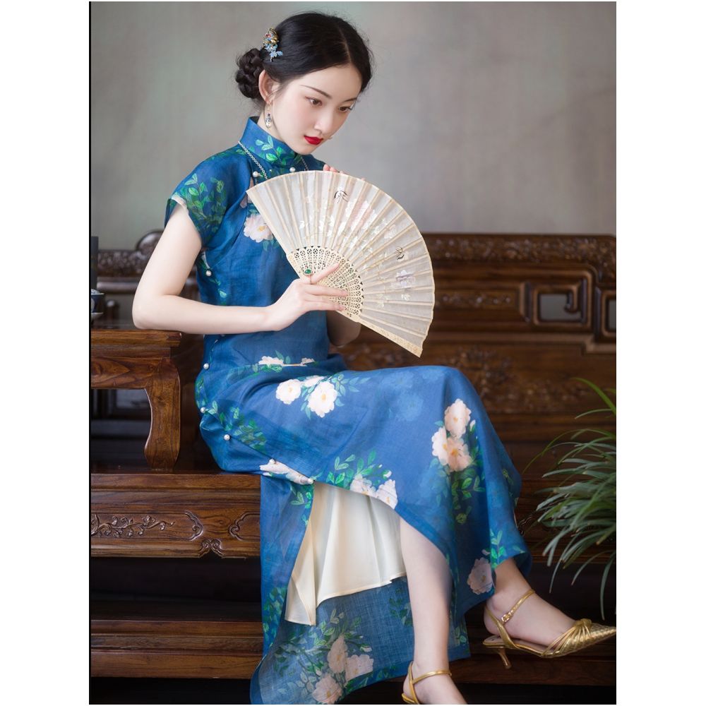 Weimanyuan Fragrance One City Wind Plush Tencel Hemp Printed Ancient French Republic Style Flat Cut One Piece Cheongsam Female Original image 8
