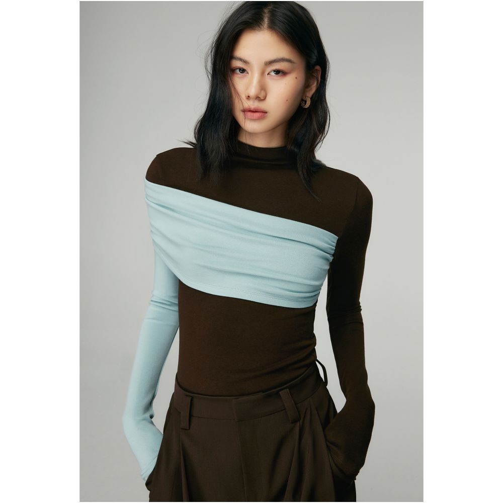 MOLYCHO Color blocked splicing Half high neck long sleeved T shirt for women Interior base small shirt slim fit top image 21