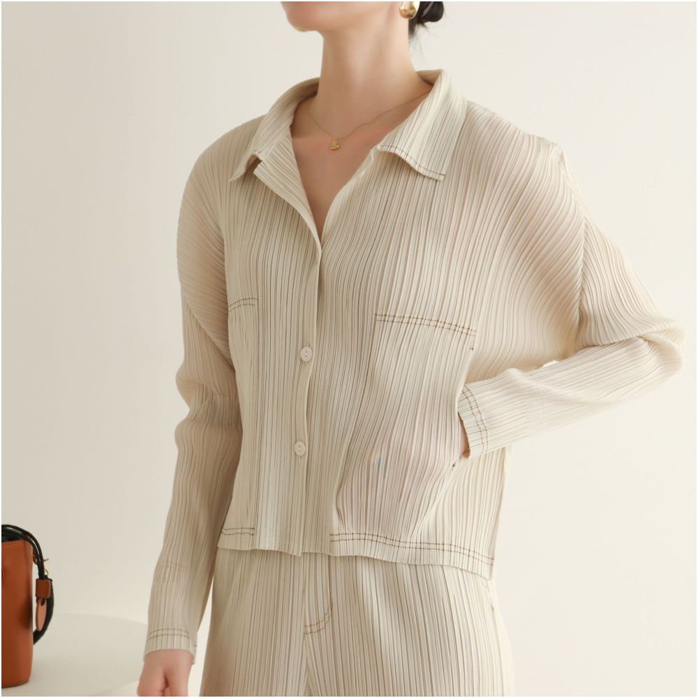 Asaya1186 - classic denim pleated long sleeves small short jacket  
