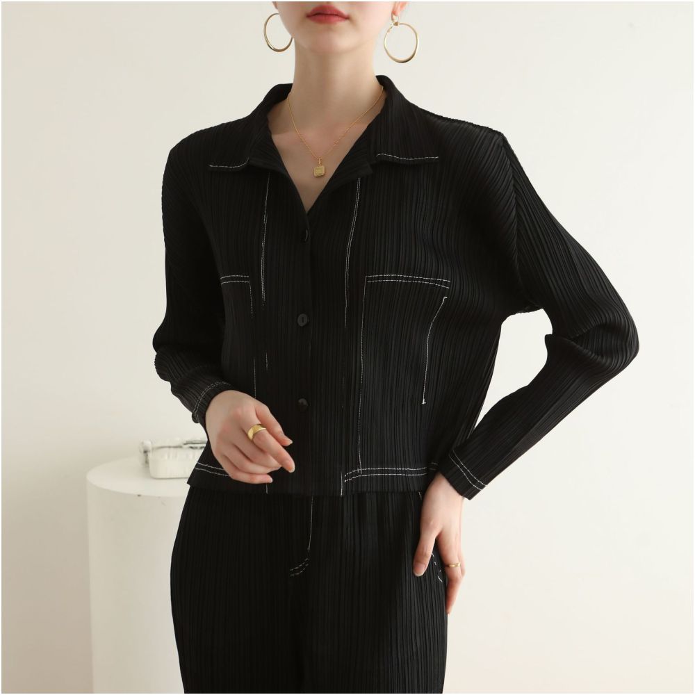 Asaya1186 - classic denim pleated long sleeves small short jacket  
