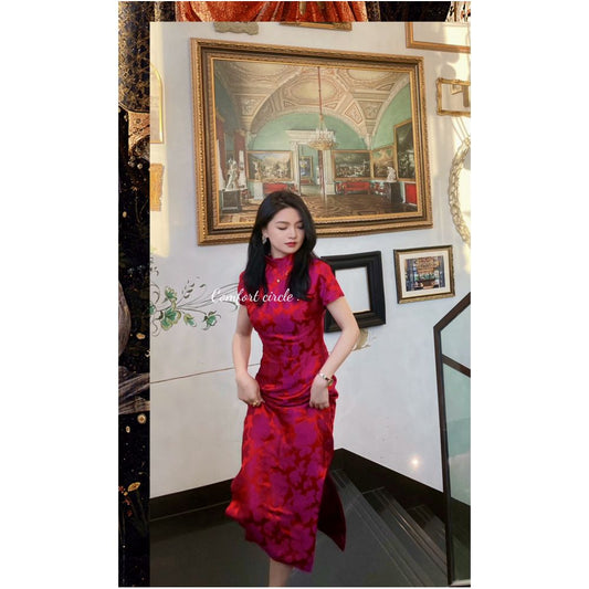 Asaya1154 - New Chinese style Jincui silk jacquard raglan long cheongsam