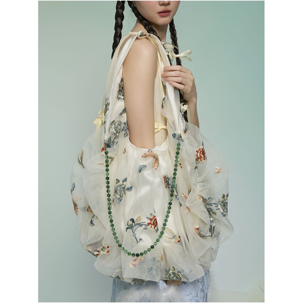 Weiyuanlu Spring and Summer New Heavy Industry National Embroidery Eugen Yarn Bag New Chinese Fairy Style Single Shoulder Bag Apricot image 1