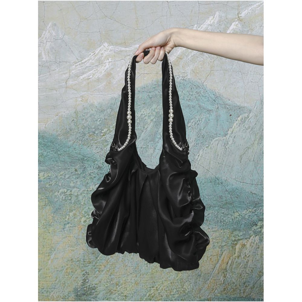 Lactose Studio Apricot Bright Silk Satin Fairy Cloud Bag Pearl Shoulder Strap Detachable Versatile Single Shoulder image 5