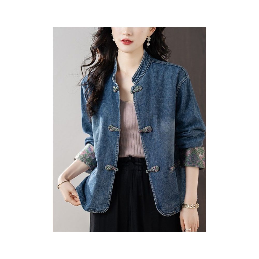 September Momo New Chinese style Cowboy Coat for Women s Spring and Autumn 2025 New Chinese Style Retro Button Embroidered Top for Women image 2