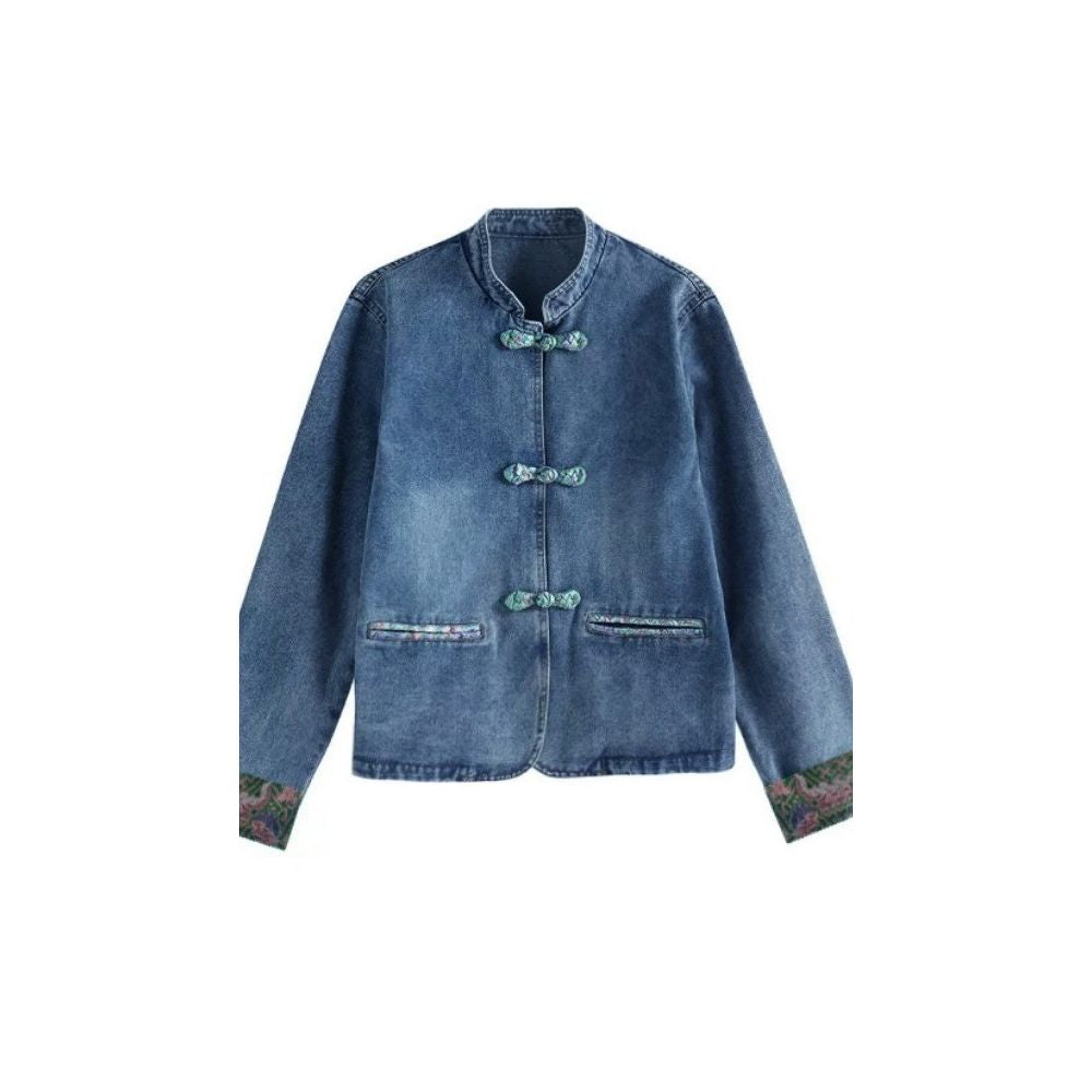 September Momo New Chinese style Cowboy Coat for Women s Spring and Autumn 2025 New Chinese Style Retro Button Embroidered Top for Women image 5